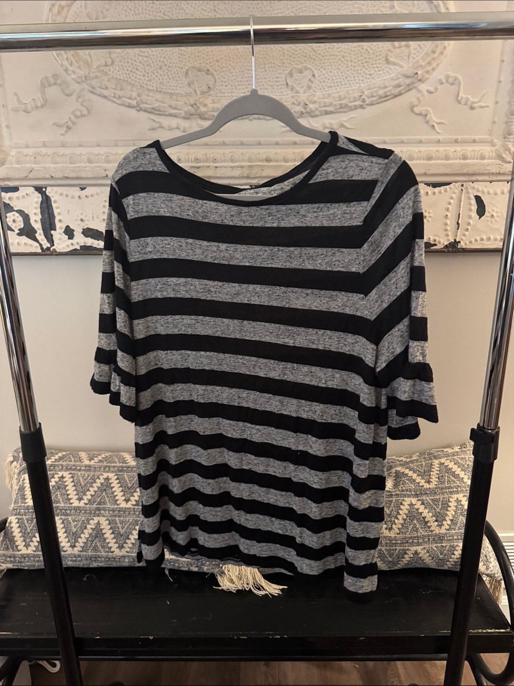 LOFT Black and Heather Gray Striped Tee